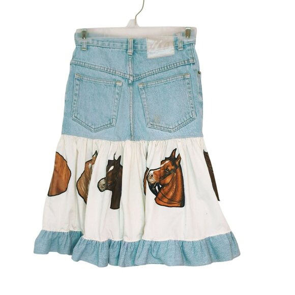 The Limited Upcycled Girls Denim & Cotton Skirt Horse Print Ruffle Hem Size 12 - Picture 2 of 11